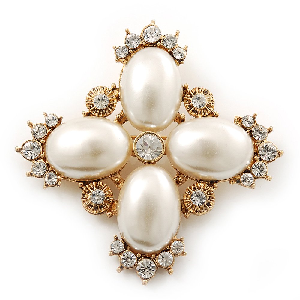 Vintage Inspired Small Simulated Pearl, Diamante 'Cross' Brooch In Gold Plating - 55mm Across