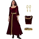 Saephaw Mother Gothel Costume Women Red Velvet Renaissance Dress Evil Witch Halloween Cosplay Outfits with Earrings Belt
