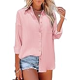 HOTOUCH Womens Button Down Shirt Casual Long Sleeves Loose fit Classic Collared Blouses Fasion Textured Top with Pockets