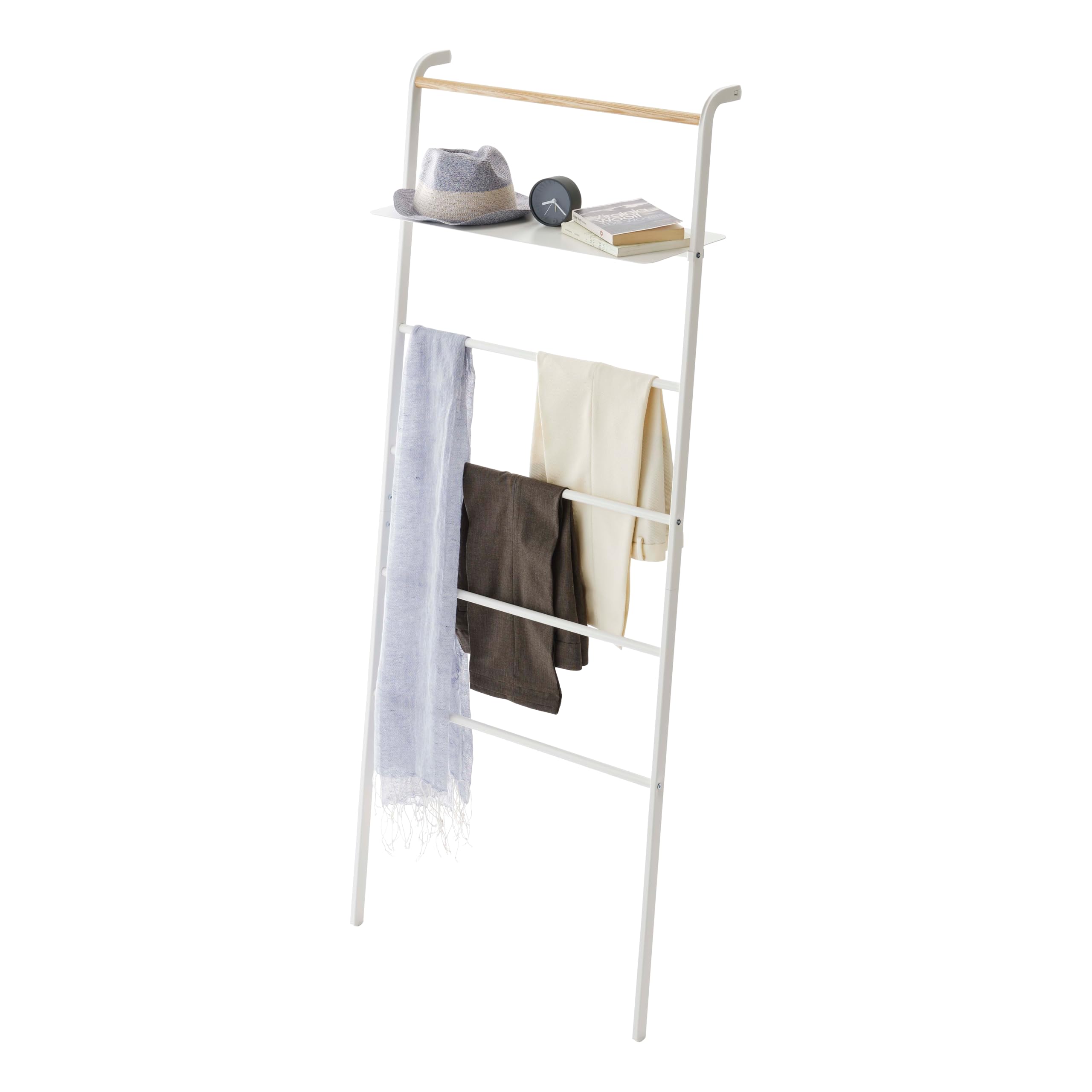 Yamazaki 3871 TOWER Ladder Hanger with Shelf, White, Steel/Wood, Minimalist Design, 66 x 30～38 x 160 cm (LxWxH)