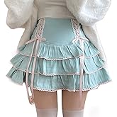 RILGOU Kawaii Gothic Lolita Vintage Casual Zipper High Waist Pink Ribbon Lace Trim Tiered Skirt with Shorts Underneath