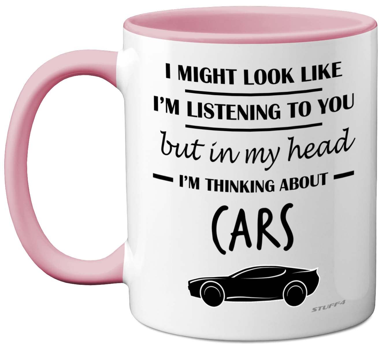 Stuff4 Gifts for Car Enthusiasts - in My Head I'm Thinking About Cars - Funny Classic Mug, Gifts for Lovers, Petrol Head 11oz Ceramic Dishwasher Safe Premium Pink Handle Mugs — image 1