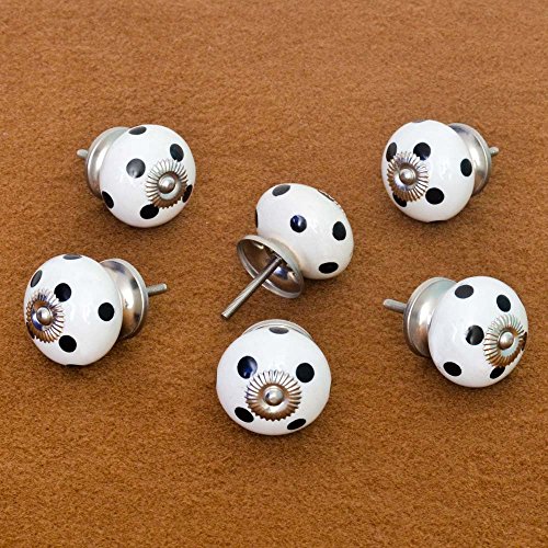 Pastel Country Set of 6 Dark Blue Dot Polka Pattern Ceramic Knobs Cabinet Drawer Handles Pulls