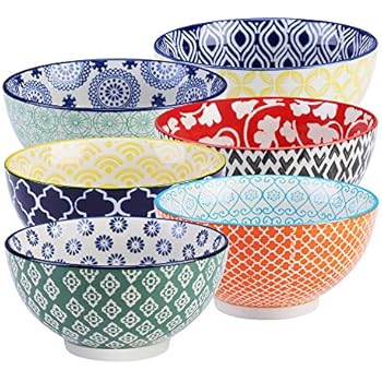 E-Gtong Hand-Painted Cereal Bowls Set of 6, Porcelain Ceramic Bowls for Soup, Pasta, Salad and Rice, Microwave & Dishwasher Safe