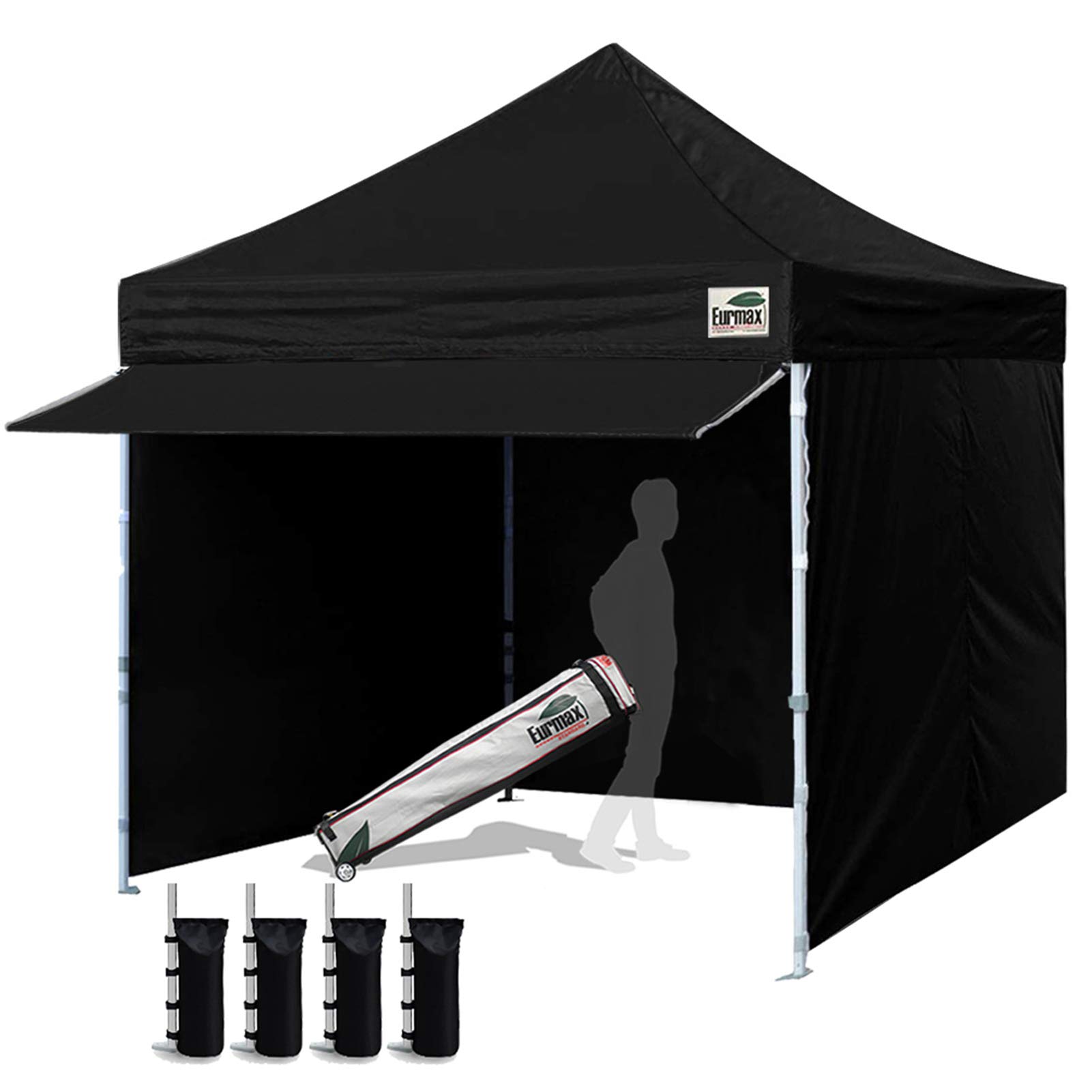 Photo 1 of Eurmax USA 10 x 10 Pop up Canopy Commercial Tent Outdoor Party Canopies with 4 Removable Zippered Sidewalls and Roller Bag Bonus 4 Canopy Sand Bags & 24 Squre Ft Extended Awning(Black)