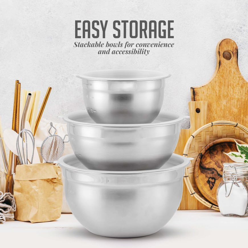 OVENTE Mixing Bowl Set with Lids, 3-Piece Stainless Steel Nesting Bowls for Easy Food Storage, Stackable Design, Kitchen Essential for Baking, Cooking and Prepping, Size 5, 3.5, 1.5QT, Silver BM46333S