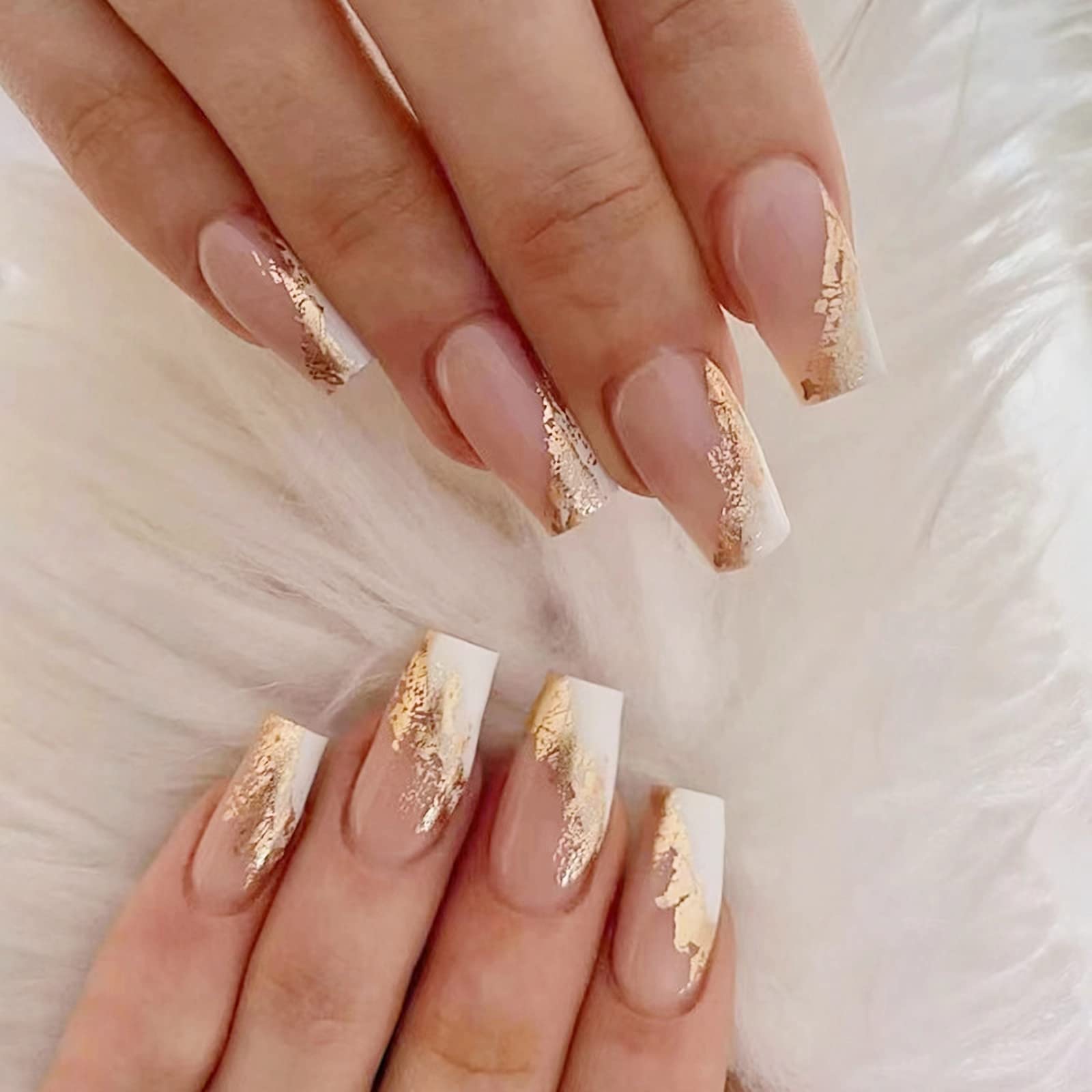 Photo 1 of MERVF Coffin Press on Nails Long Fake Nails White French Tip Ballerina Glue on Nails with Gold Designs Acrylic Nails Artificial Glossy False Nails 24pcs