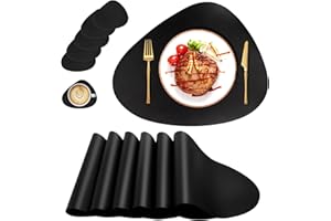 QPIX DIGITAL Placemats Set of 6, Faux Leather Placemats with Coasters, Black Table Mats Set of 6 Heat Stain Scratch Resistant Waterproof Washable Wipeable Place Mats for Dining Patio Table Kitchen