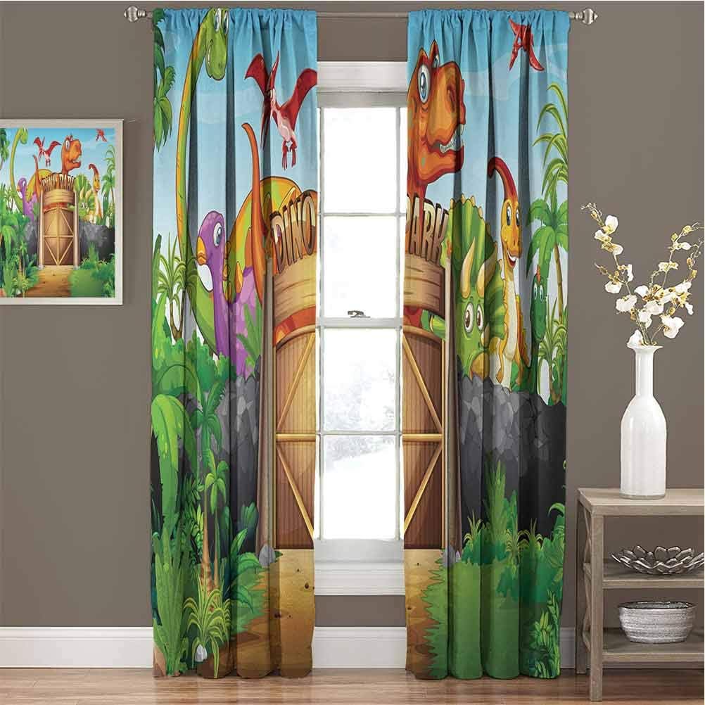 GUUVOR Zoo Room Darkened Heat Insulation Curtain Dinosaurs Living in Park Cartoon Prehistoric Wildlife Forest Trees Door Illustration Living Room curtainsW54 x L95 Inch Multicolor