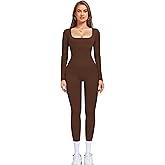 OLCHEE Womens Long Sleeve Workout Jumpsuit Square Neck Ribbed Seamless Yoga Romper Sexy Bodycon Tummy Control Unitard Onesie