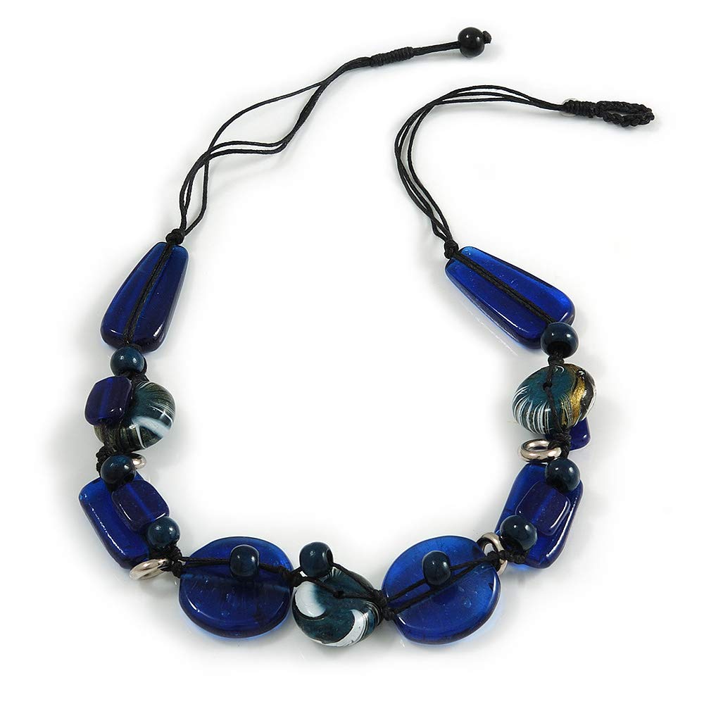 Avalaya Statement Cluster Ceramic, Wood Bead Necklace with Black Cotton Cord (Blue) - 60cm L
