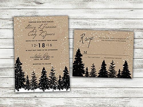 Rustic Winter Wedding Invitations, Snow Wedding Invitation, Woodsy, Rustic, Tree, Woods, Kraft, December, January, Christmas Themed Invites