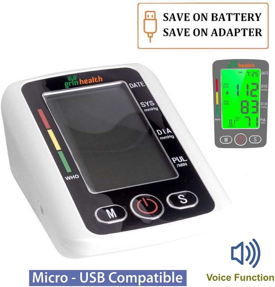 Grin Health BP Machine Fully Automatic Digital Blood Pressure Monitor with Talking Function and Micro-USB Port, White