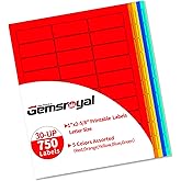 Gemsroyal Colored Address Labels Printable 1”×2-5/8",5 Colors Assorted(Red,Orange,Yellow,Blue,Green),Color Mailing Label Sticker Paper for Printer,Small Neon Moving Labels Printable,750 Color Stickers
