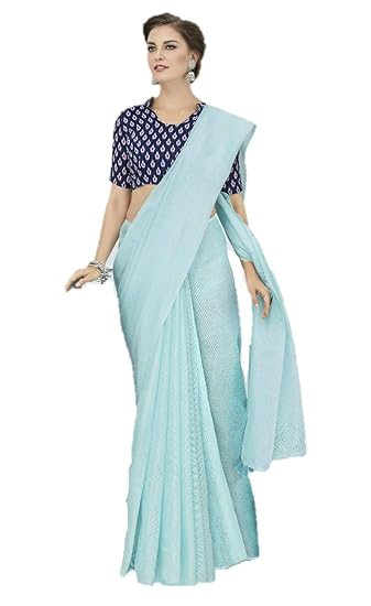 womens plain jute cotton sarees with unstitched ikkat blouse piece