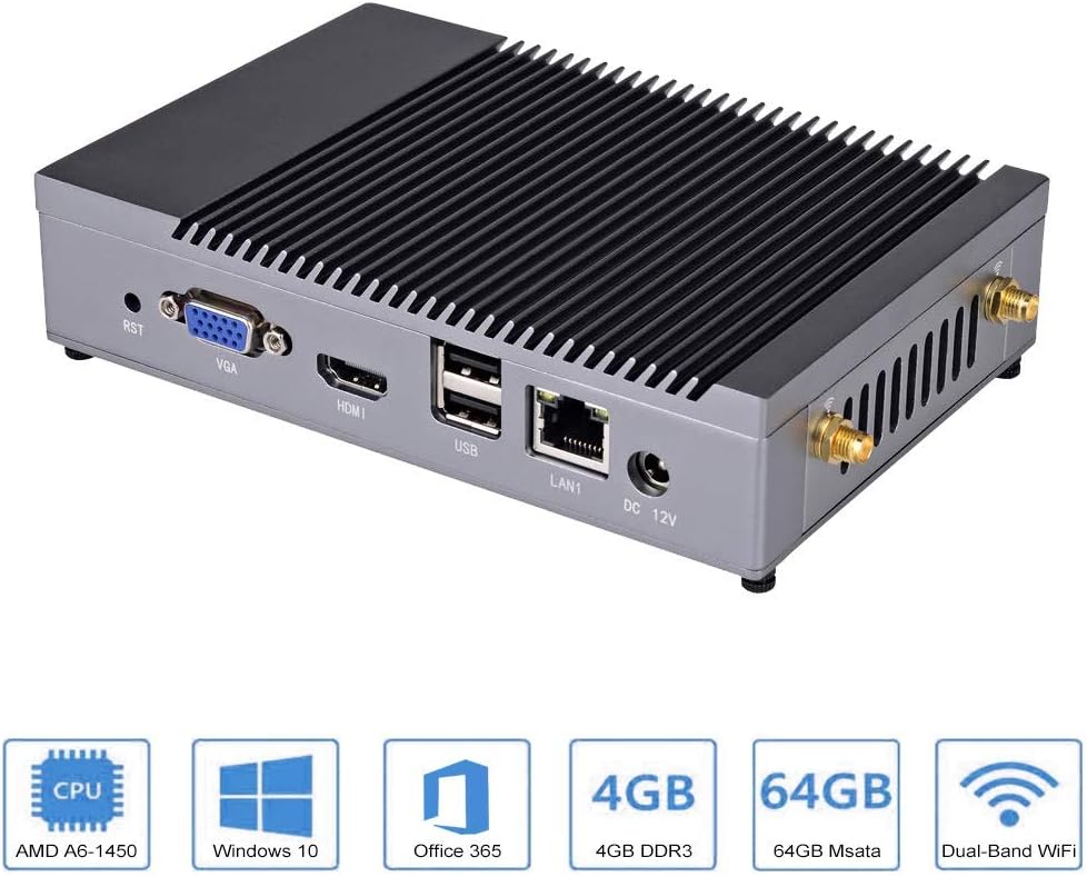 Mini PC Quad-Core AMD A6-1450 Processor (1.0-1.4GHz), HD8250 Graphic Support 4K, MS Office 365, Windows 10 64-bit DDR3 4GB/64GB mSATA SSD Dual Band 2.4G/5G WiFi/Gigabit Ethernet/HDMI/VGA Port