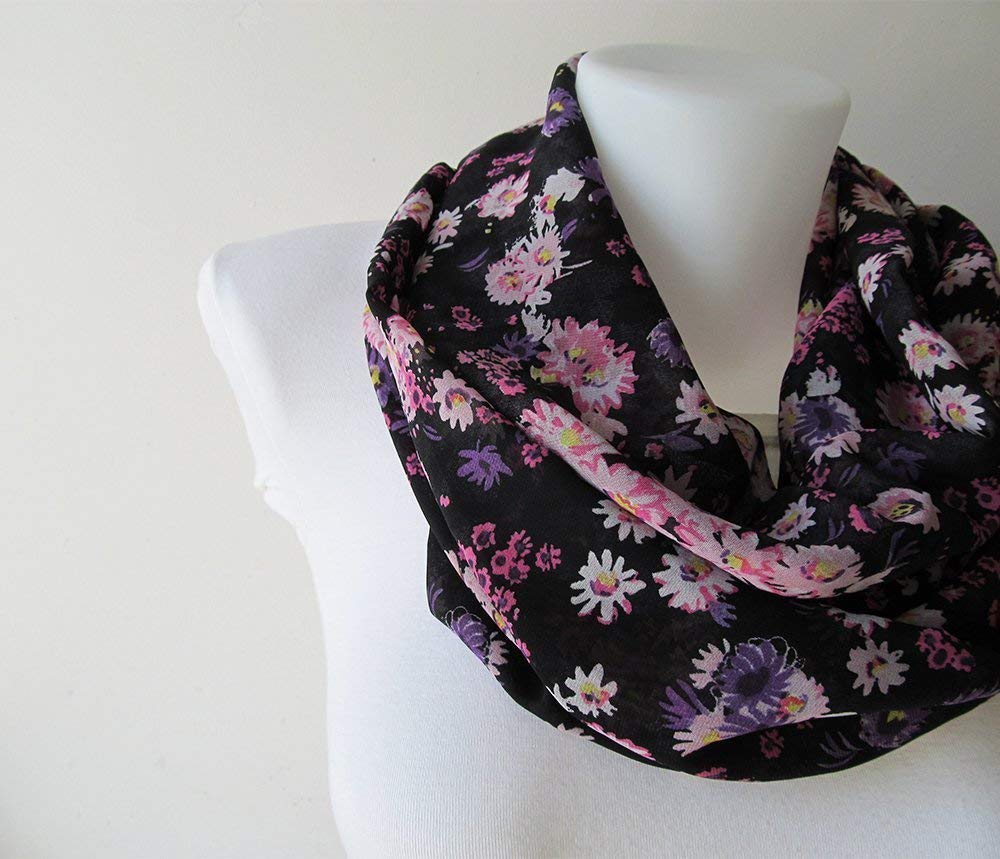 Floral Infinity Scarf, Black Circle Scarf, Chiffon Infinity