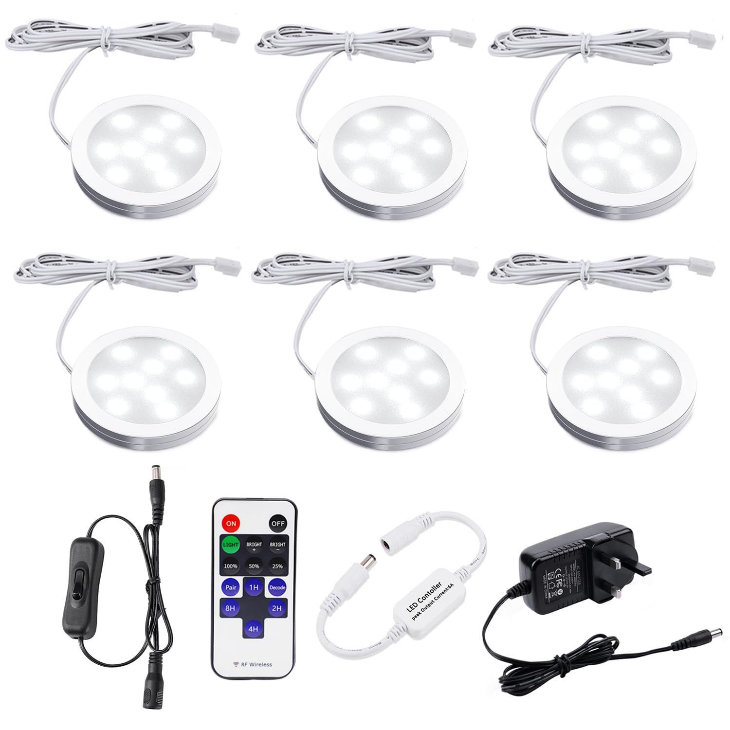 AIBOO LED Under Cabinet Kitchen Lights Wired Plug in with Remote,Dimmable 6 Pack Under Cupboard Kitchen Lights 12V Mains,12W Puck Lights Under for Cupboard Counter Shelf Lights (6000K Daylight White)