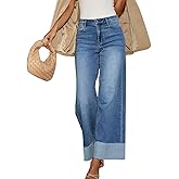 Jyutia Women's High Waisted Wide Leg Jeans Stretch Frayed Raw Hem Straight Leg Boyfriend Cuffed Jeans Trendy