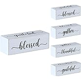 Jetec Four Sided Inspirational Block Sign Rustic Wooden Blessed Gather Thankful Grateful Signs Tabletop Block Decor for Office Home Farmhouse Tabletop, Bookshelf, Tiered Tray Decor(White)