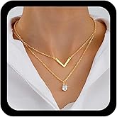Allereyae Vintage Layered Crystal Pendant Necklace Single Cz Choker Necklaces Gold V Shape Necklace Chevron V Necklaces Jewelry for Women