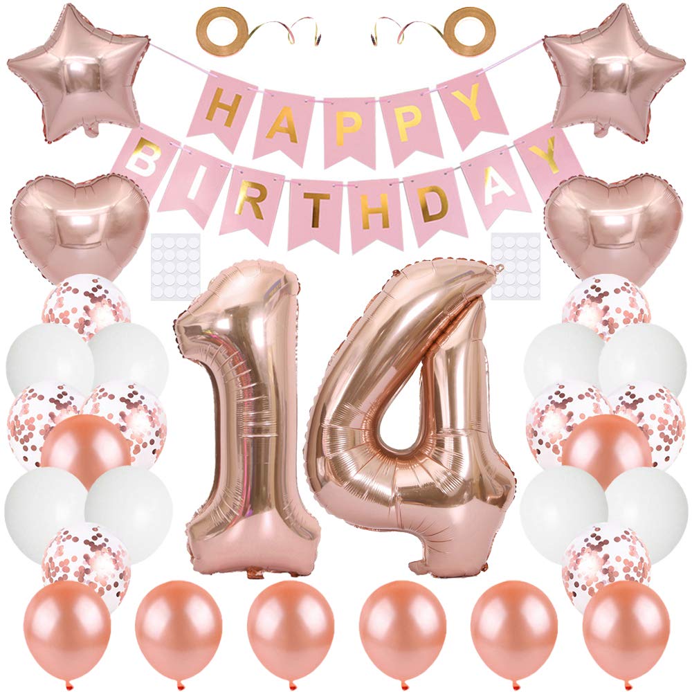 Huture 14th Birthday Party Supplies Kit - Rose Gold Number 14 Foil Balloon, Happy Birthday Banner, White Latex Confetti Balloons, Foil Star Heart Balloon - Great Gift for Girls