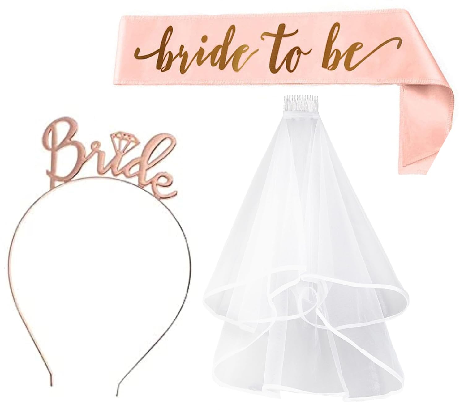3Pcs Bride to Be Sash and Veil with Tiara, Bride Headband for Bridal Shower, Rose Gold Wedding Hen Do Decorations for Bachelorette Decor Party Games
