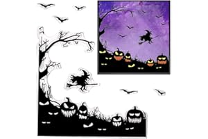 Threetols Halloween Clear Stamps for Card Making, Tree Background Clear Rubber Stamps Witch Bat Pumpkin Stamps for Holiday Card Making Decor DIY Scrapbooking Transparent Album Decor Paper Craft