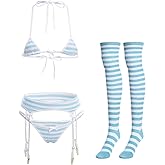 ABAFIP Women Cute Kawaii Anime Lingerie set Halter Strap Micro Bra Tiny Panty Garter Belt Striped Stockings 4Pcs Underwear