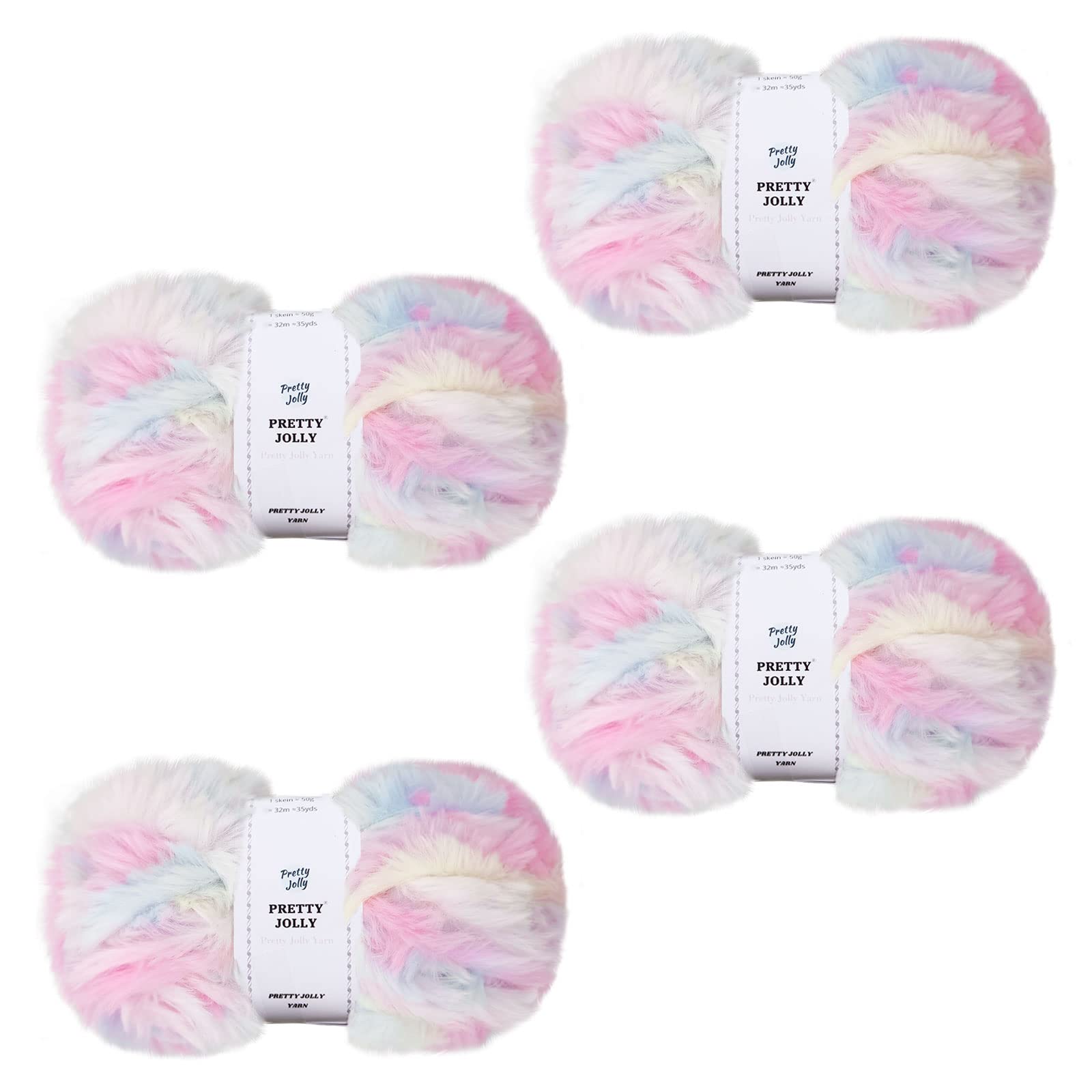 Pretty Jolly 4 Balls Faux Fur Super Soft Chunky Fluffy Yarn for Crochet Knitting Eyelash Polyester Yarn (Unicorn)
