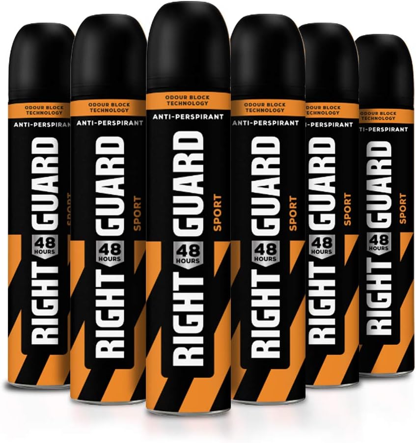 Right Guard Mens Deodorant, Total Defence 5 Sport 48H High-Performance Anti-Perspirant Spray, Multipack 6 x 250 ml