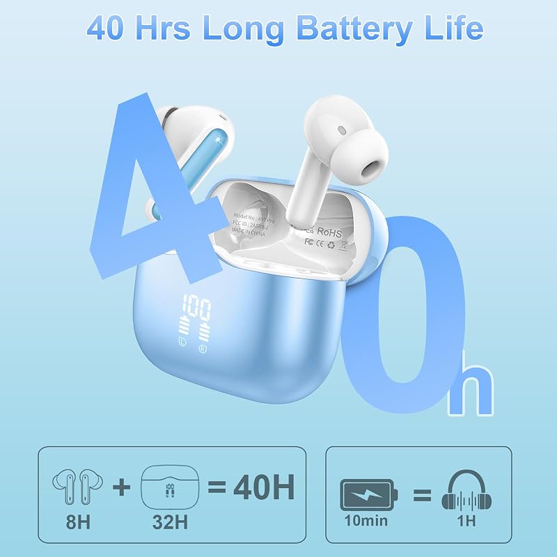 Auriculares Inalambricos, Auriculares Inalámbricos Bluetooth 5.4 con 4 Mics, HiFi Estéreo, Cancelación de Ruido ENC, Pantalla LED, Carga Rápida USB-C, Cascos in Ear 40H IPX7 Impermeable, Cielo Azul