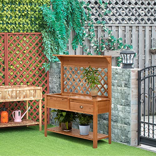 Outsunny Garden Potting Bench, Outdoor Wooden Workstation Table w/ Metal Screen, Drawer, Hooks
