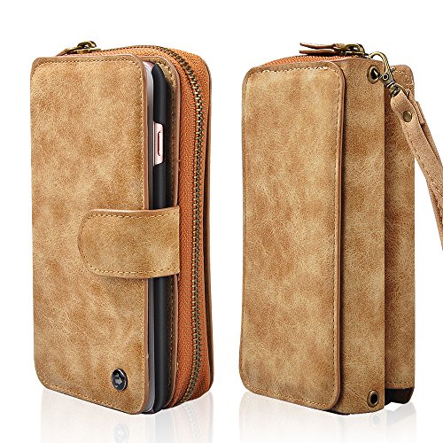 CORNMI iPhone 8 Plus Case iPhone 7 Plus Mulit Functional Wallet Case Vintage Leather Strong Magnetic Flip Wallet Case with 10 Credit Card Holder & Wrist Strap & Mirror for iPhone 7 Plus - Brown