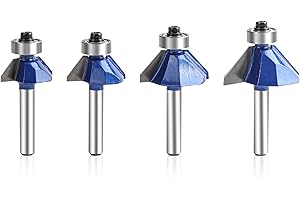 Yueqing Zhongji 45 Degree Chamfer Router Bit Set, 1/4 Inch Shank, Cutting Diameter in 1/2”, 5/8”, 11/32”, 25/64” C3 Carbide. Ideal for Angled Edges, Clean Edge or Decorative Pieces