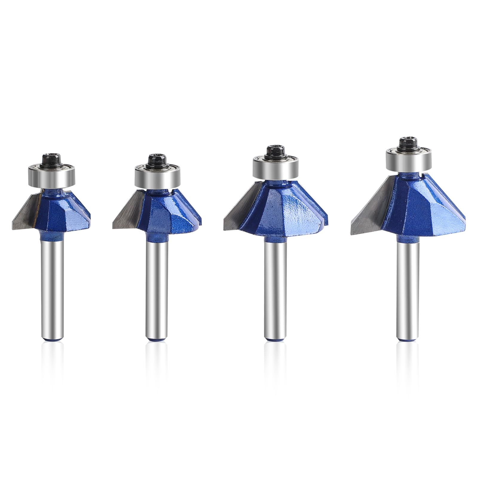 Yueqing Zhongji 45 Degree Chamfer Router Bit Set, 1/4 Inch Shank-6.35MM Shank Cutting Diameter in 1/2”, 5/8”, 11/32”, 25/64” C3 Carbide. Ideal for Angled Edges, Clean Edge or Decorative Pieces — image 1