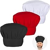 3 Pieces 3 Color Chef Hats, Adjustable Cooking Hat Elastic Kitchen Baker Caps for Adults, Kitchen Cooking Cap, Chef Costume for Father, Dad, Chefs Hat for Men (White, Black, Red)