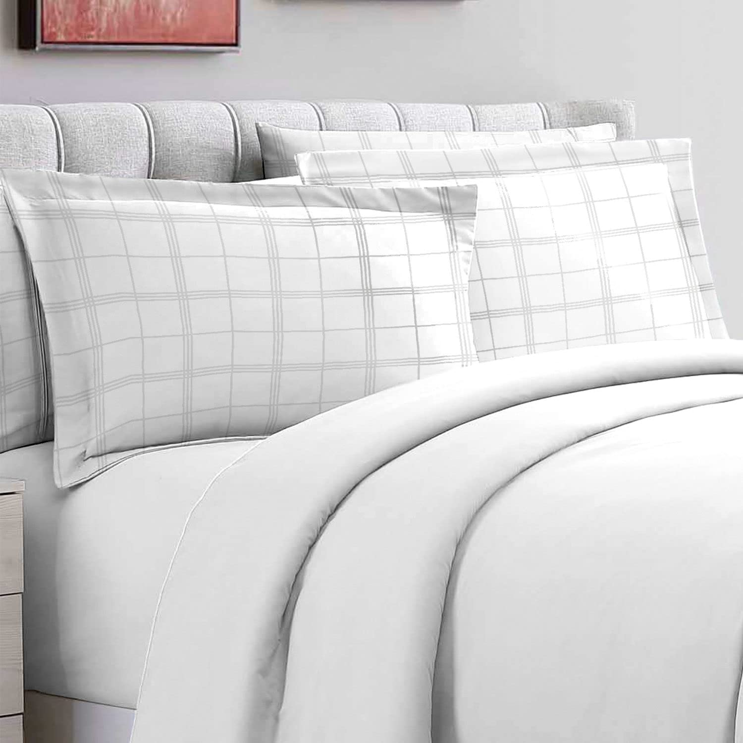 100% Cotton White Big Checks Oxford Pillow Cases 2 Pack, 300 Thread Count Long Staple Combed Cotton Checked Bedding, Sateen Standard Pillow Cover 50 x 75cm (Damask Bedding Set) - Pizuna — image 1