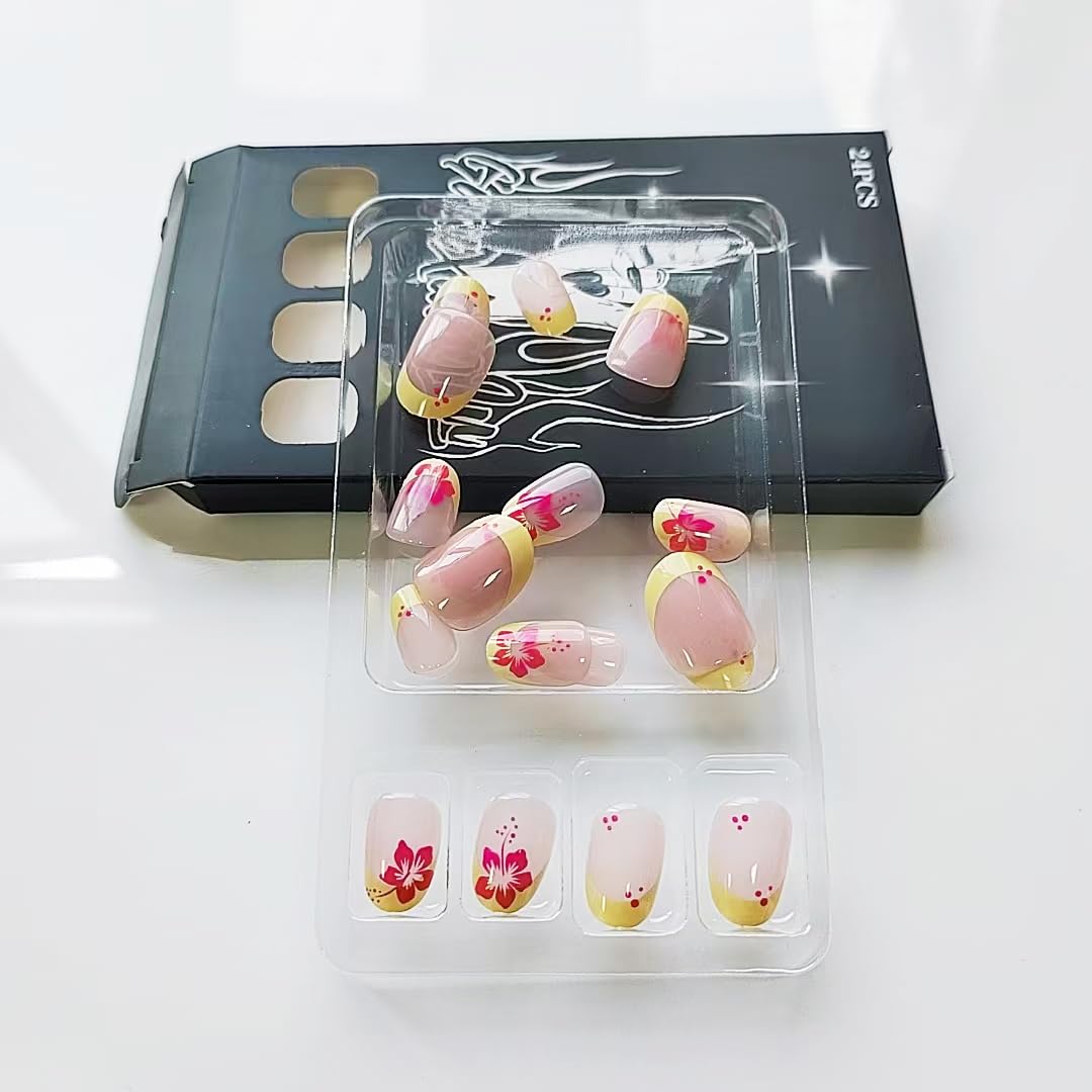 French Tip Press on Nails Almond Short Fake Nails with Red Flowers Design Full Cover False Nails Nude Pink Acrylic Nails Spring Cute Flowers Stick on Nails Glue on Nails for Women Nail Art 24Pcs - Image 6