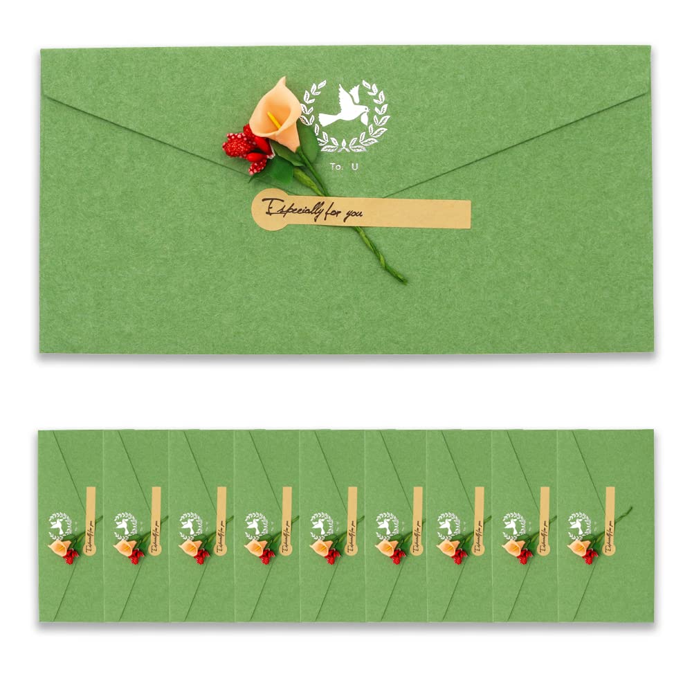 BITEYI 10pcs Fancy Envelopes with Greeting Cards Handmade Dried Flowers and Stickers,Vintage Kraft Paper Envelopes with Postcards (Green)