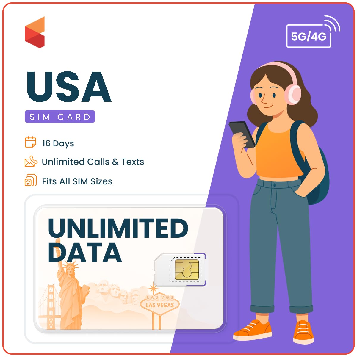 SimCorner USA Travel SIM – 16 Days Unlimited 5G/4G Data | 3-in-1 (Standard/Micro/Nano) | Unlimited Calls & Texts to US & Hawaii Mobiles & Landlines