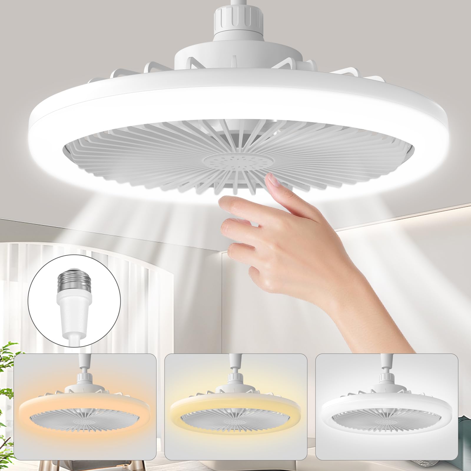 Photo 1 of Biukis Socket Ceiling Fan with Light: Small Enclosed Ceiling Fans with Lights and Remote 3 Speed Wind Light Colors Adjustable for Small Bedroom Garage Toolroom Storeroom Indoor Bathroom Kitchen White