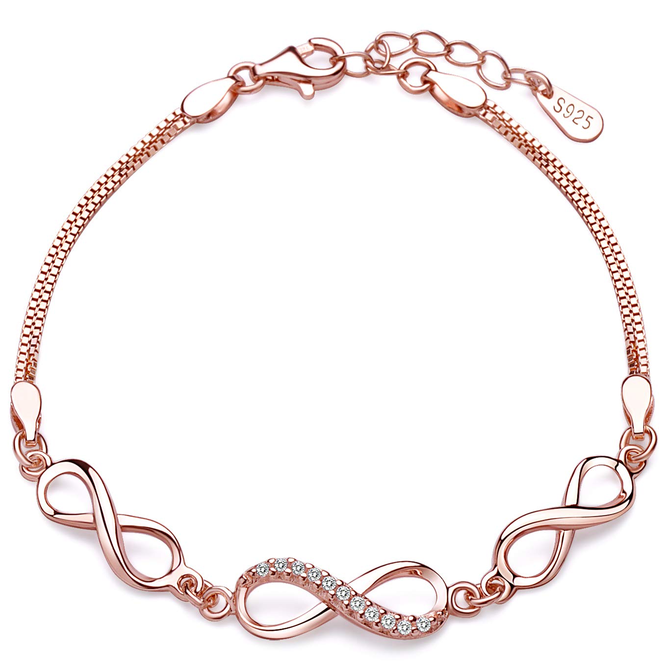 Infinity Symbol Ladies Bracelet, 925 Sterling Silver Inlaid zircon Bracelet, Adjustable Diamond Bangle, Christmas Birthday Gift, Rose Gold