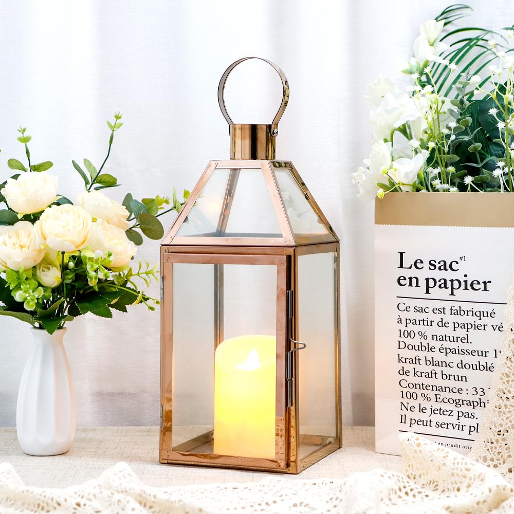 JHY Design Stainless Steel Candle Lanterns, 34cm High Hanging Lantern Glass Lanterns Balcony Accessories for Candles Indoor Outdoor Parties Wedding Gift Garden Hallway Patio Living Room(Rose Gold)