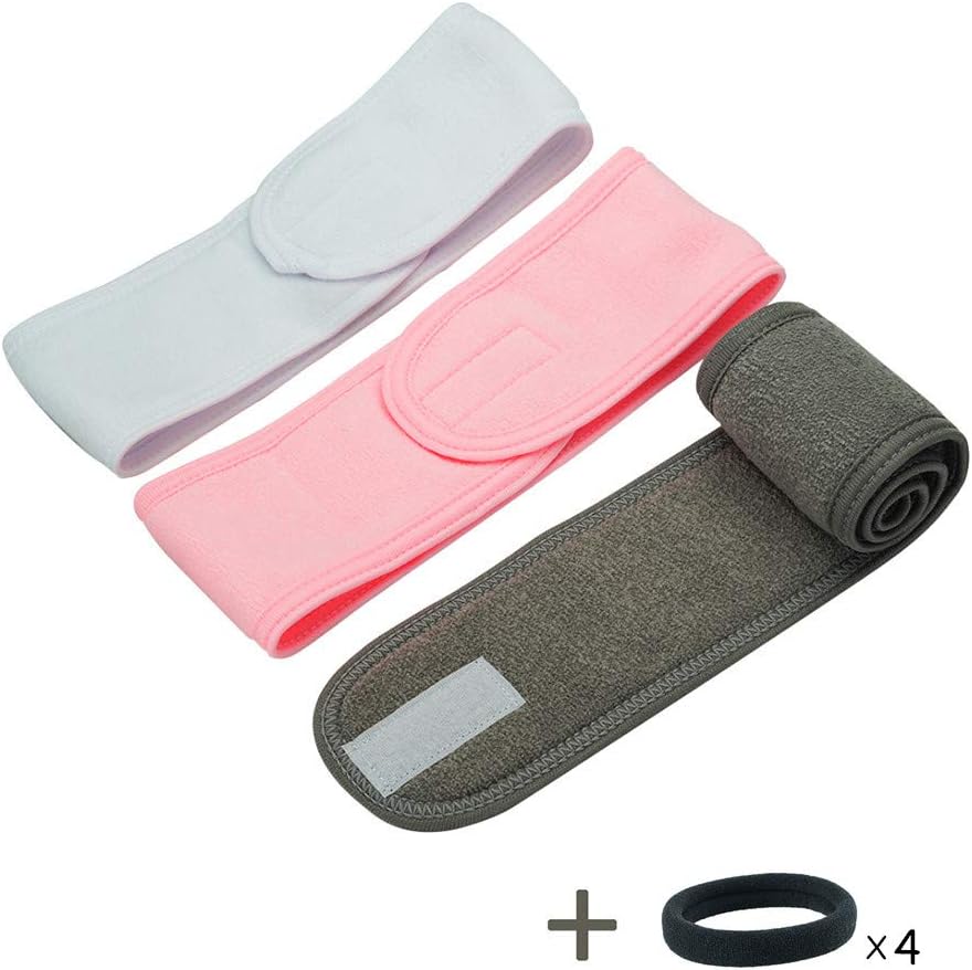 Makeup Headband for Women, Spa Facial Headband Terry Cloth Head Wrap for Washing Face, 3 Pieces (White, Pink, Gray) +4 Pieces Hair Tie