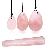 4Pcs Set Jade Yoni Eggs Stick,3 Pcs Drilled Natural Rose Quartz Crystal Jade Eggs Massage Stone + 1 Pcs Massage Stick for Women Kegel Exercise Strengthen Pelvic Floor Muscles