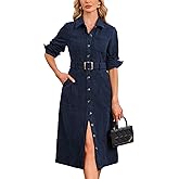 YEXPINE Women's Corduroy Midi Dress Long Sleeve Belted Button Down Shirt Long Dress with Pockets