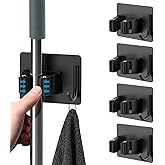 homeasy Mop Broom Holder No Drill, Mop Broom Organizer Wall Mounted Heavy Duty with Hooks Hanger, Self Adhesive Stainless Steel 4Pcs for Bathroom, Kitchen, Office (Black)