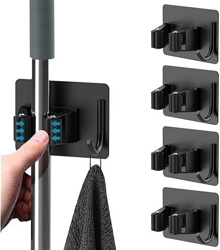 thumbnail image 2 of 3 Pack Broom Holder Wall Mount Mop Grippers No Drilling Self Adhesive Anti-Slip Mop Handle Hanger Dustpan And Broom Organizer White 2 of 9