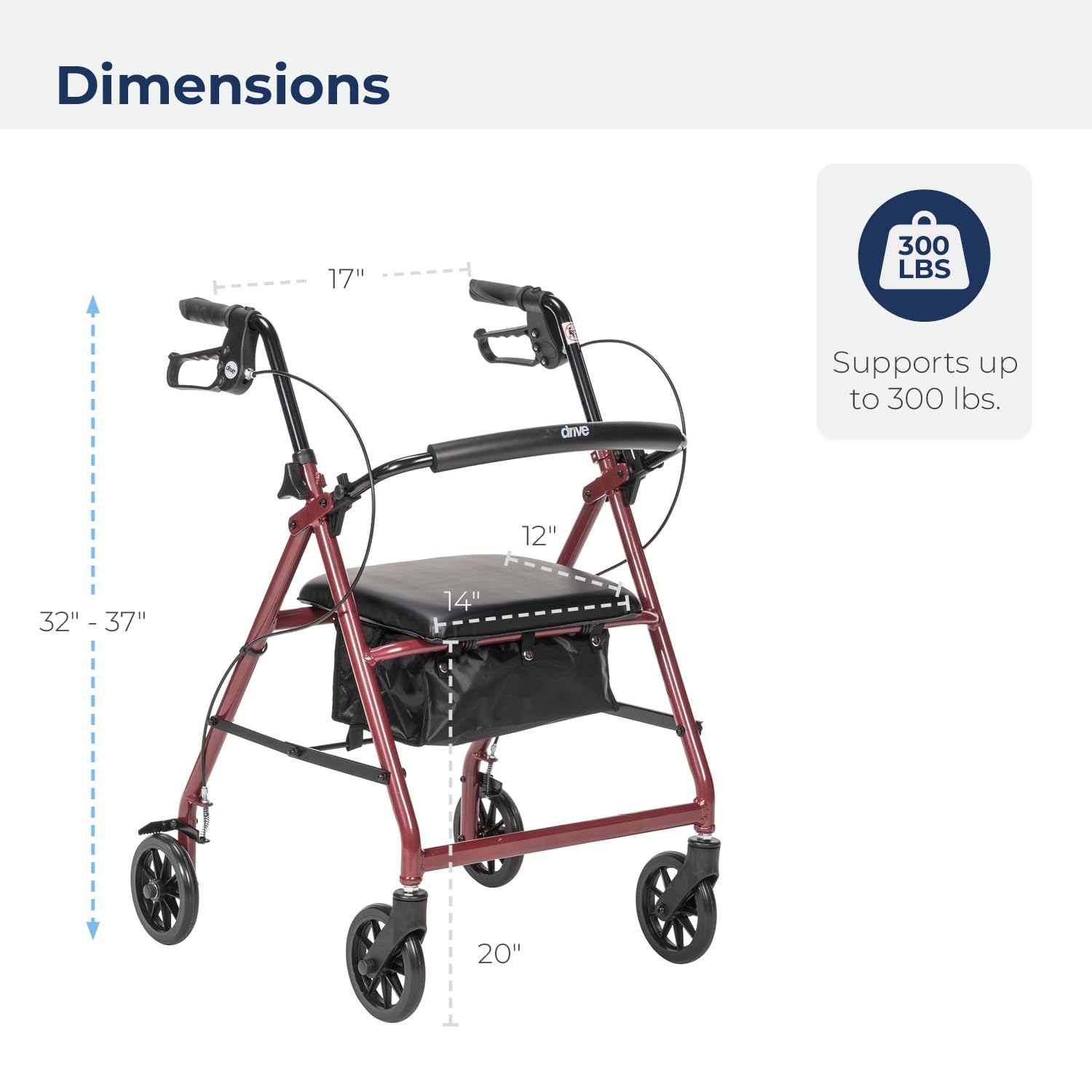 Drive Medical Aluminum Rollator Walker Fold Up and Removable Back Support, Padded Seat, 6